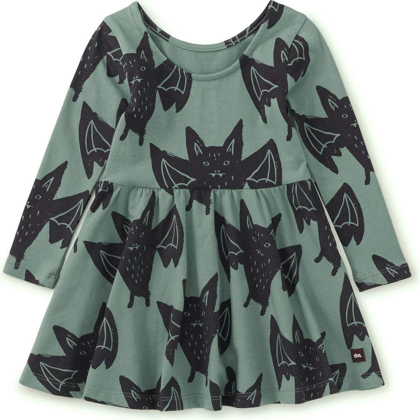 Bats Print Boat Neck Long Sleeve Ballet Skirt Dress, Multi
