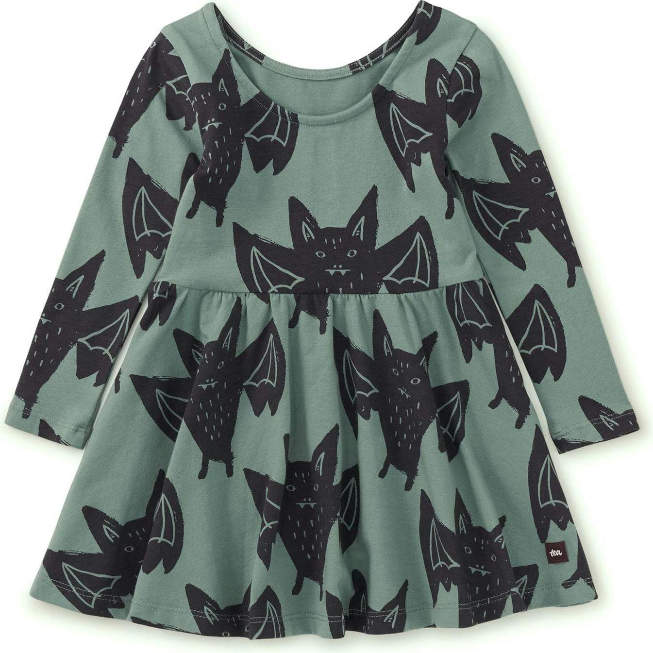Bats Print Boat Neck Long Sleeve Ballet Skirt Dress, Multi