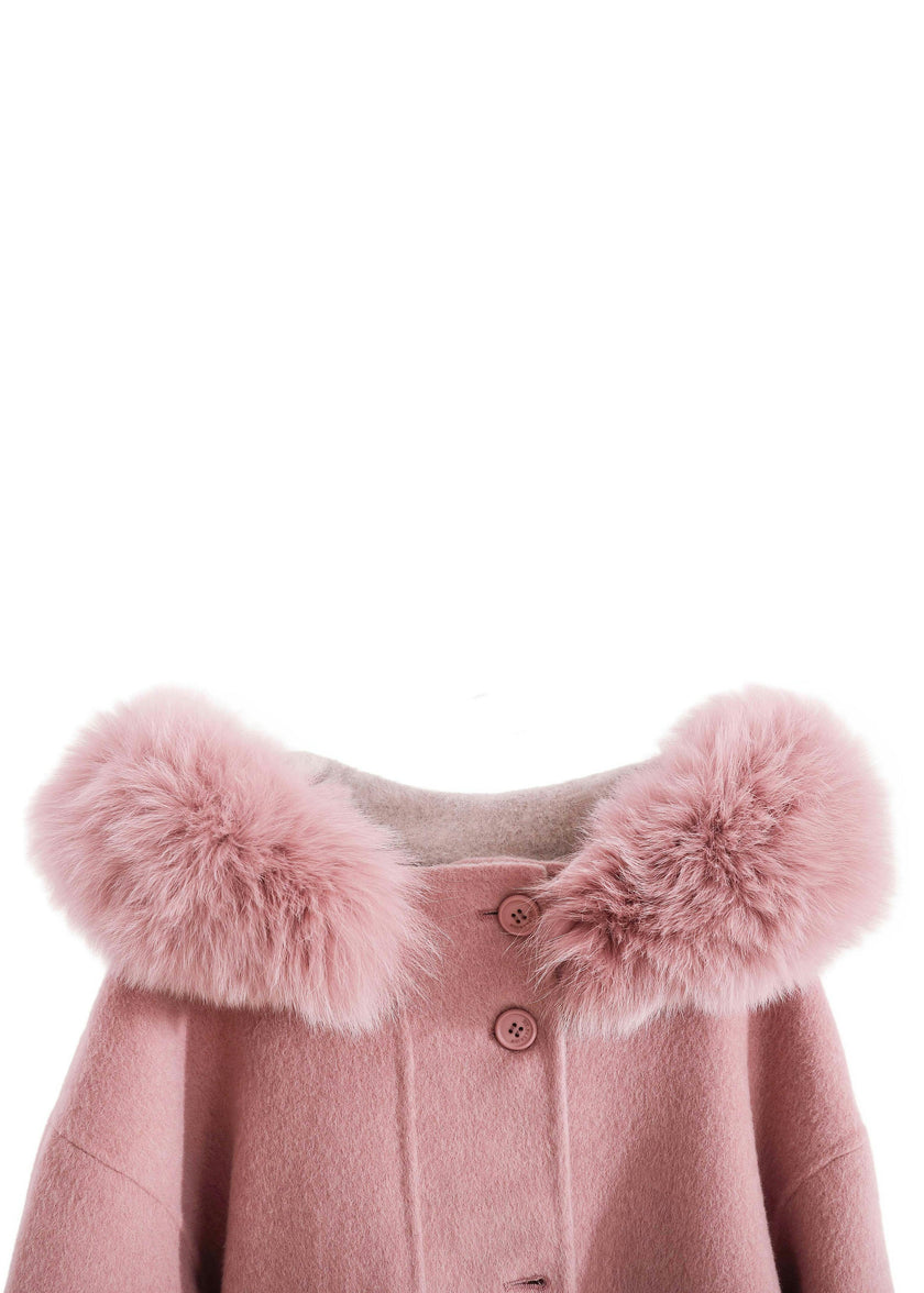 Pink Wool Coat with Faux Fur Hood