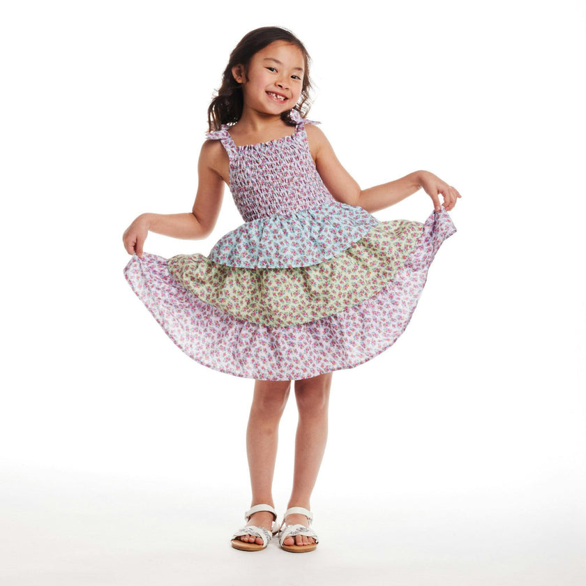 Kids Color Blocked Floral Tiered Dress