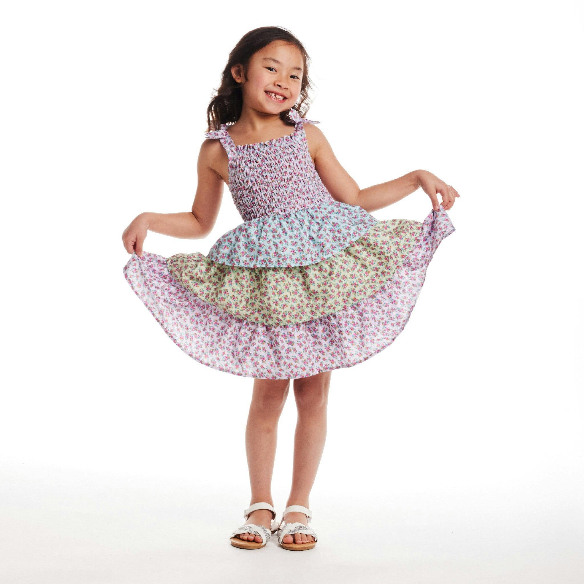 Kids Color Blocked Floral Tiered Dress