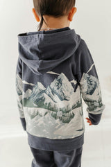 Boys Scenic Raglan Hoodie in Mountains on Nightfall Blue