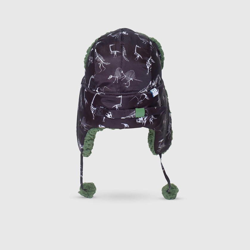The Cozy Trapper – Dino Bones Print with Katydid Green Sherpa Liner & Pompoms