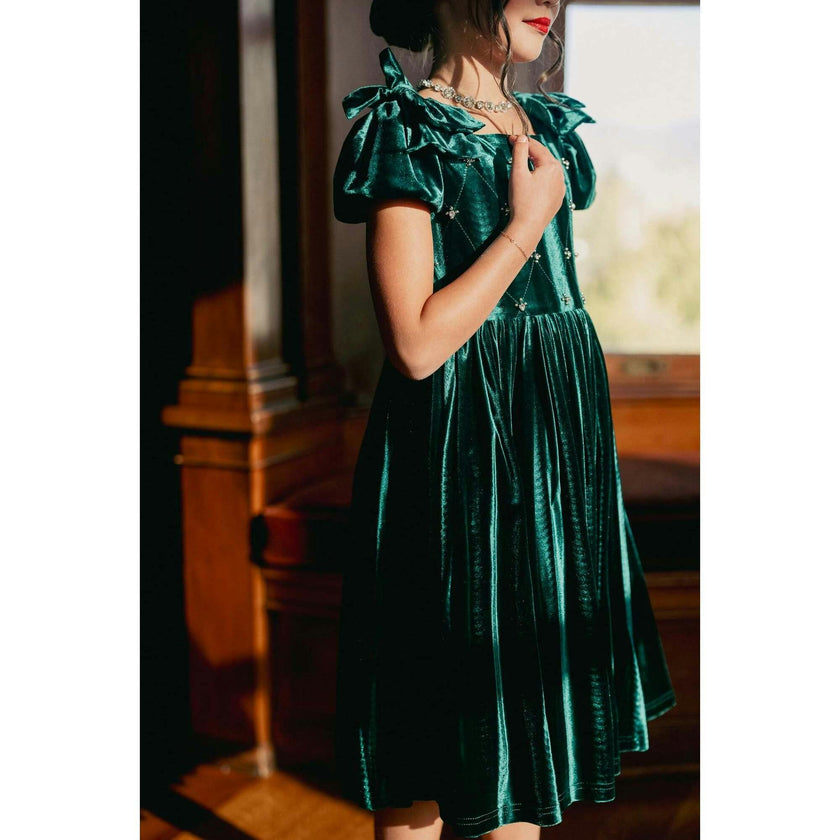 Mini Tiara Dress in Green Velvet