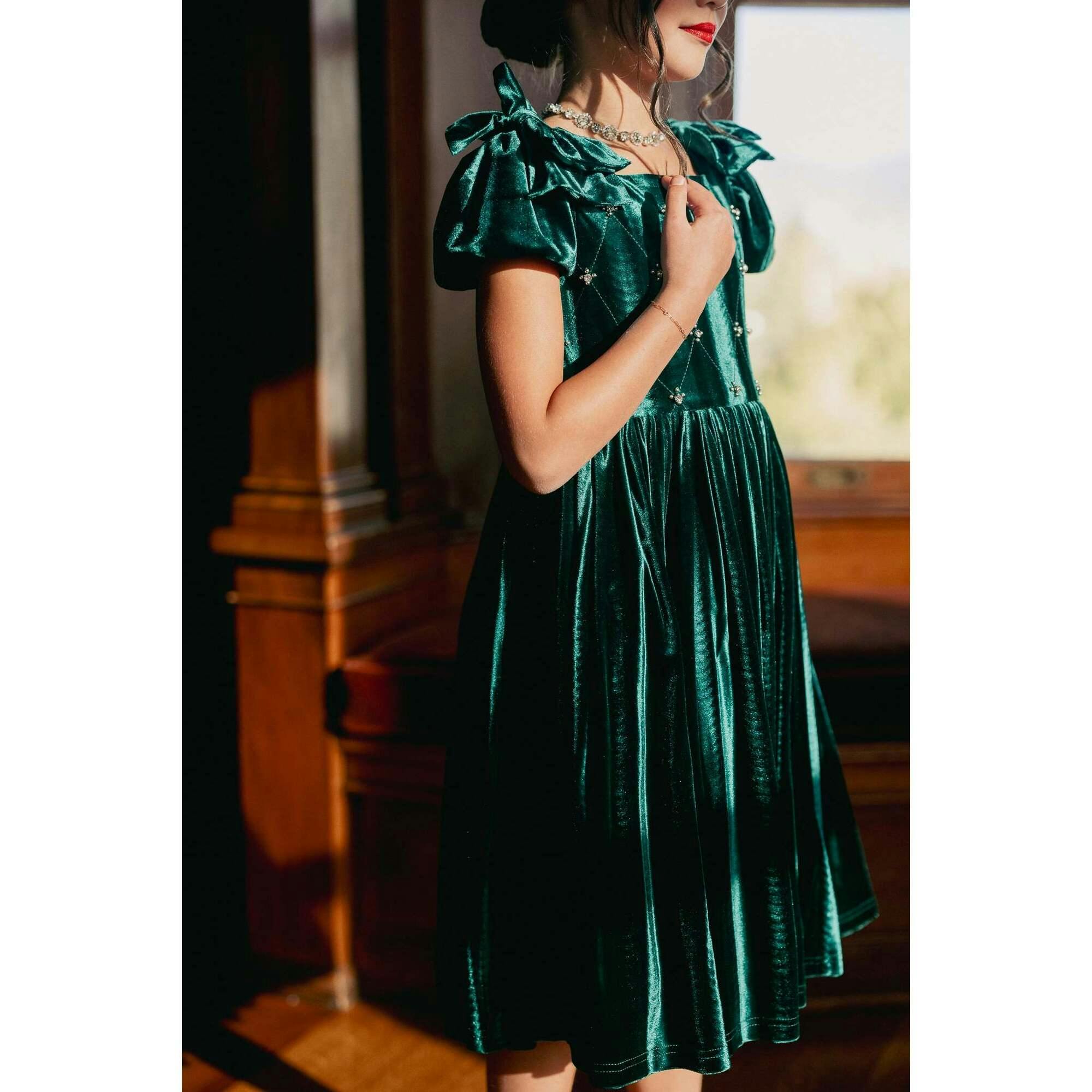 Mini Tiara Dress in Green Velvet