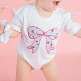 Sky Blue Floral Bow Patch Short Sleeve Romper - White