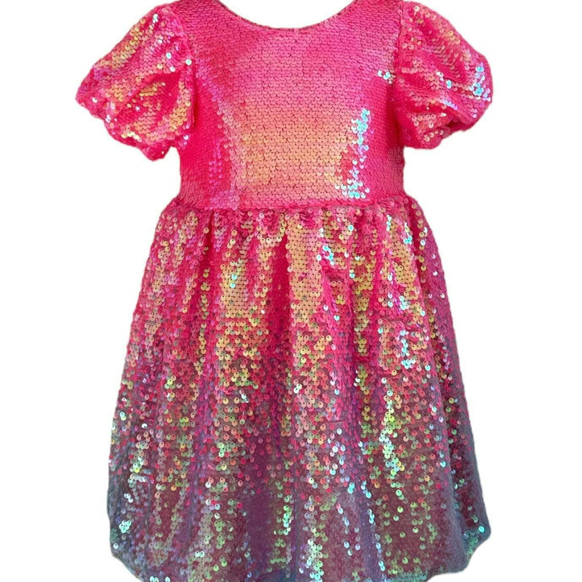 Bubble Gum Short Puff Sleeve Shimmer Sequin Dress