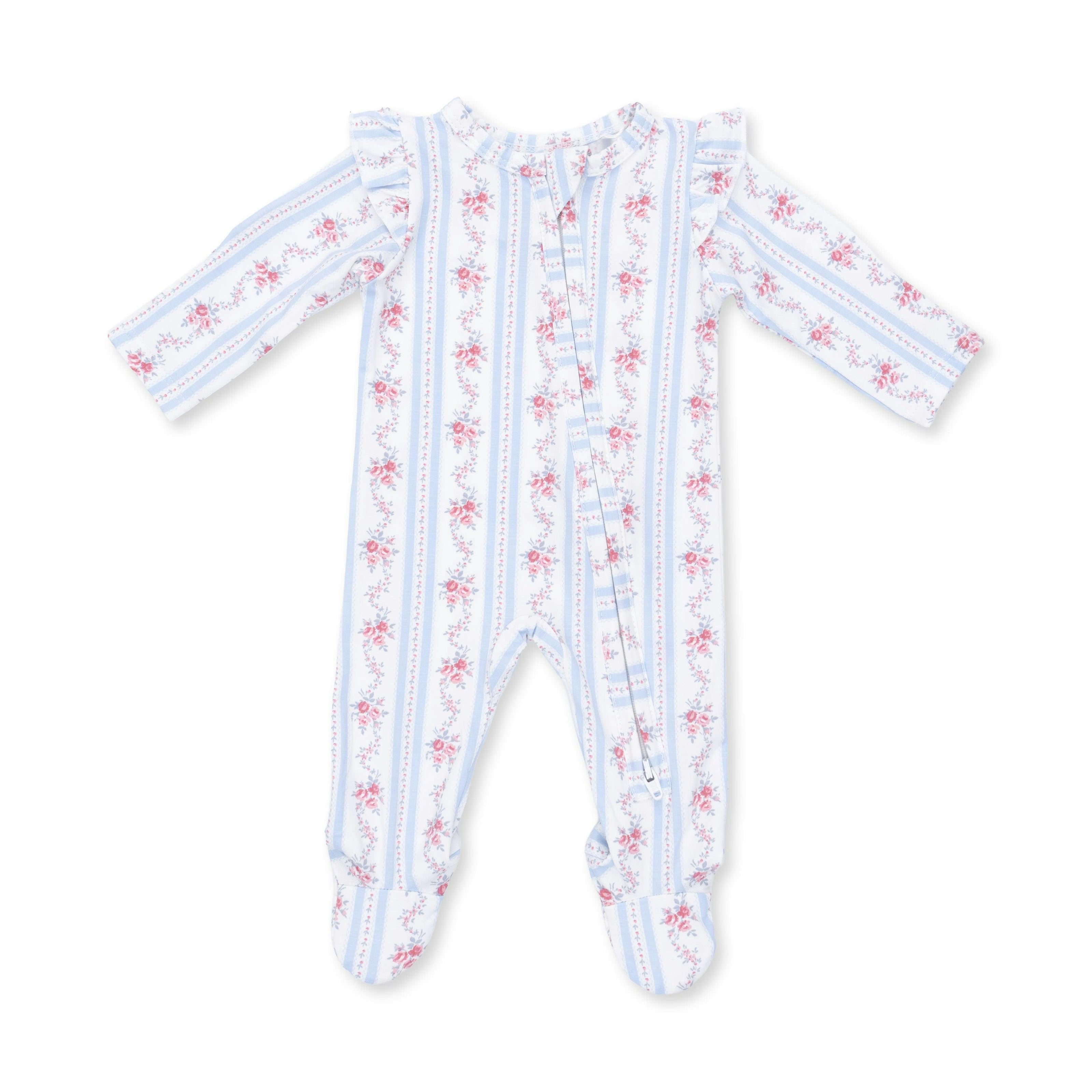 Anna Floral Stripe - 2 Way Ruffle Sleeve Zipper Footie