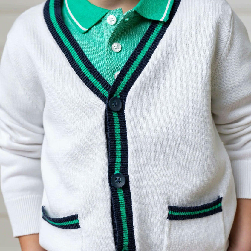 Organic Long Sleeve Tipped Cardigan Sweater, White