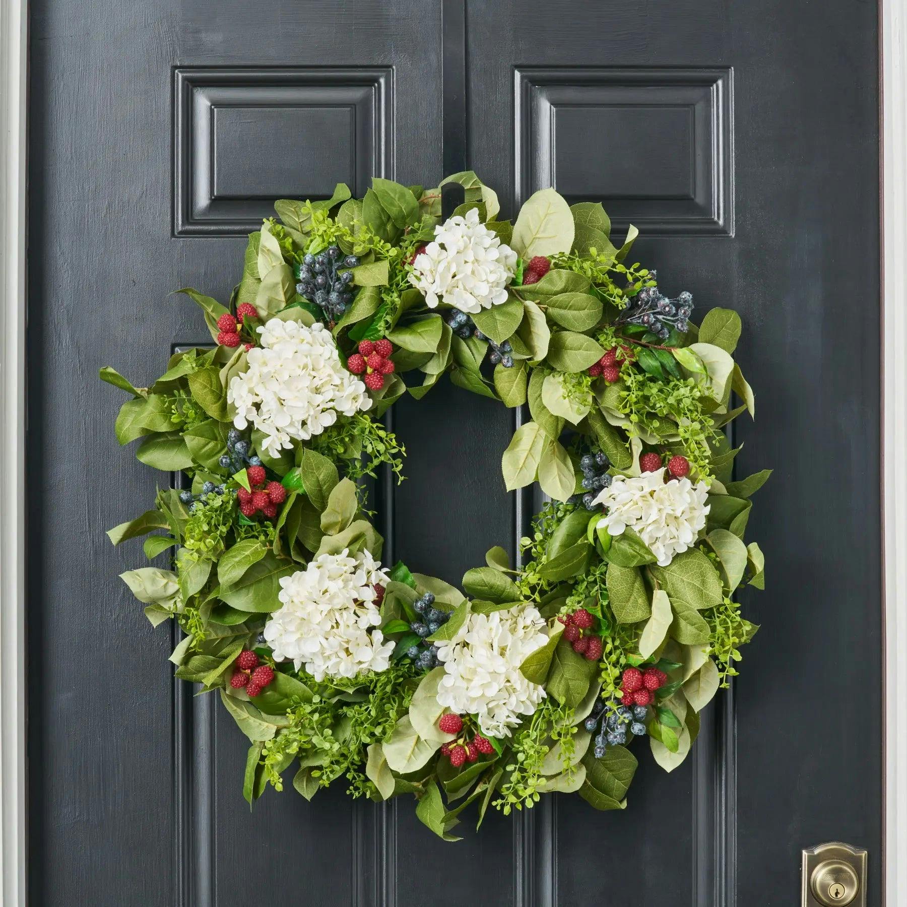 Williamsburg Style Americana Fruit Wreath with Hydrangea, Raspberry & Blueberry Summer Front Door Wreath