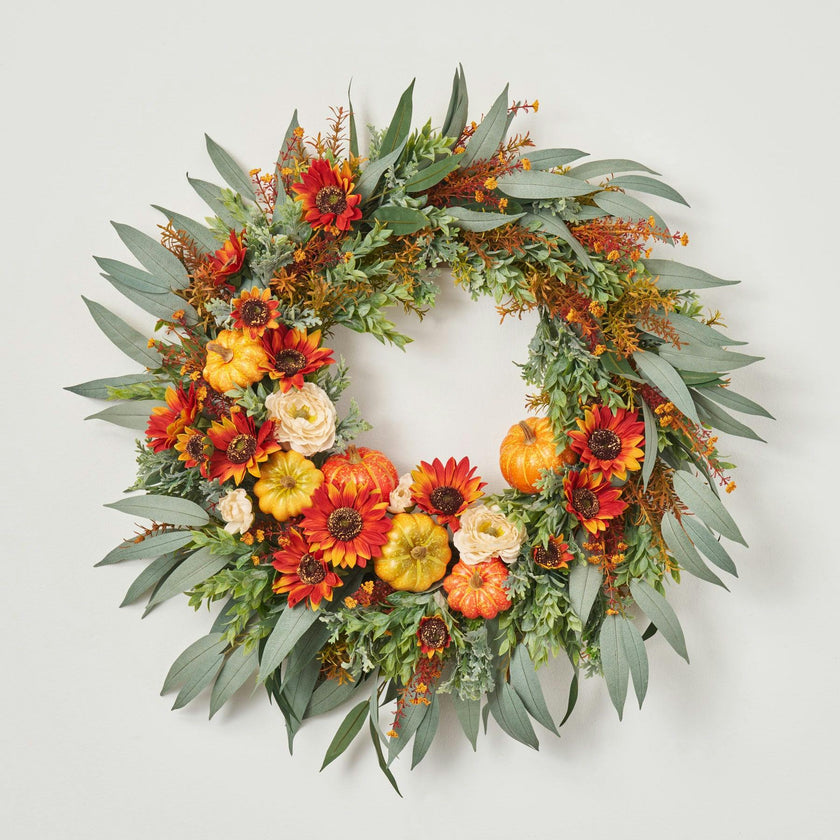 Mixed Autumn Pumpkin, Burnt Orange Sunflowers, Cream Ranunculus & Needle Leaf Eucalyptus Front Door Fall Wreath