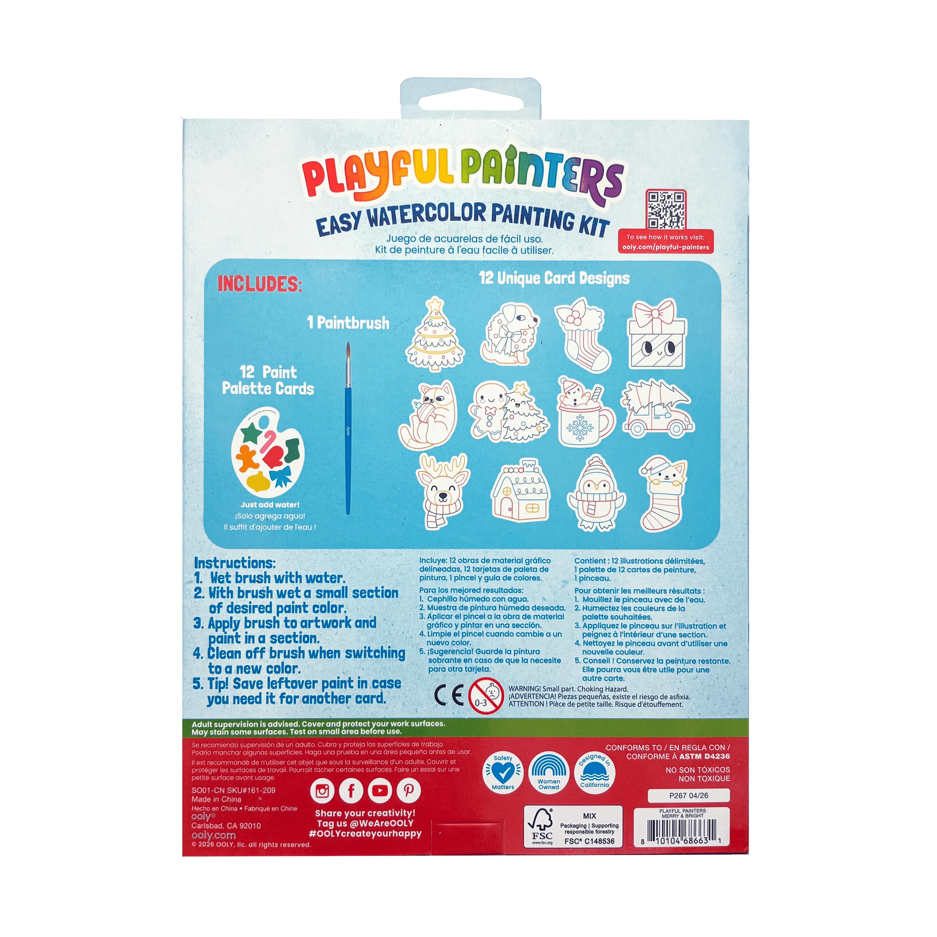 Playful Painters Easy Watercolor Painting Kit - Merry & Bright - 12 Cards 12 Palettes 1 Paintbrush