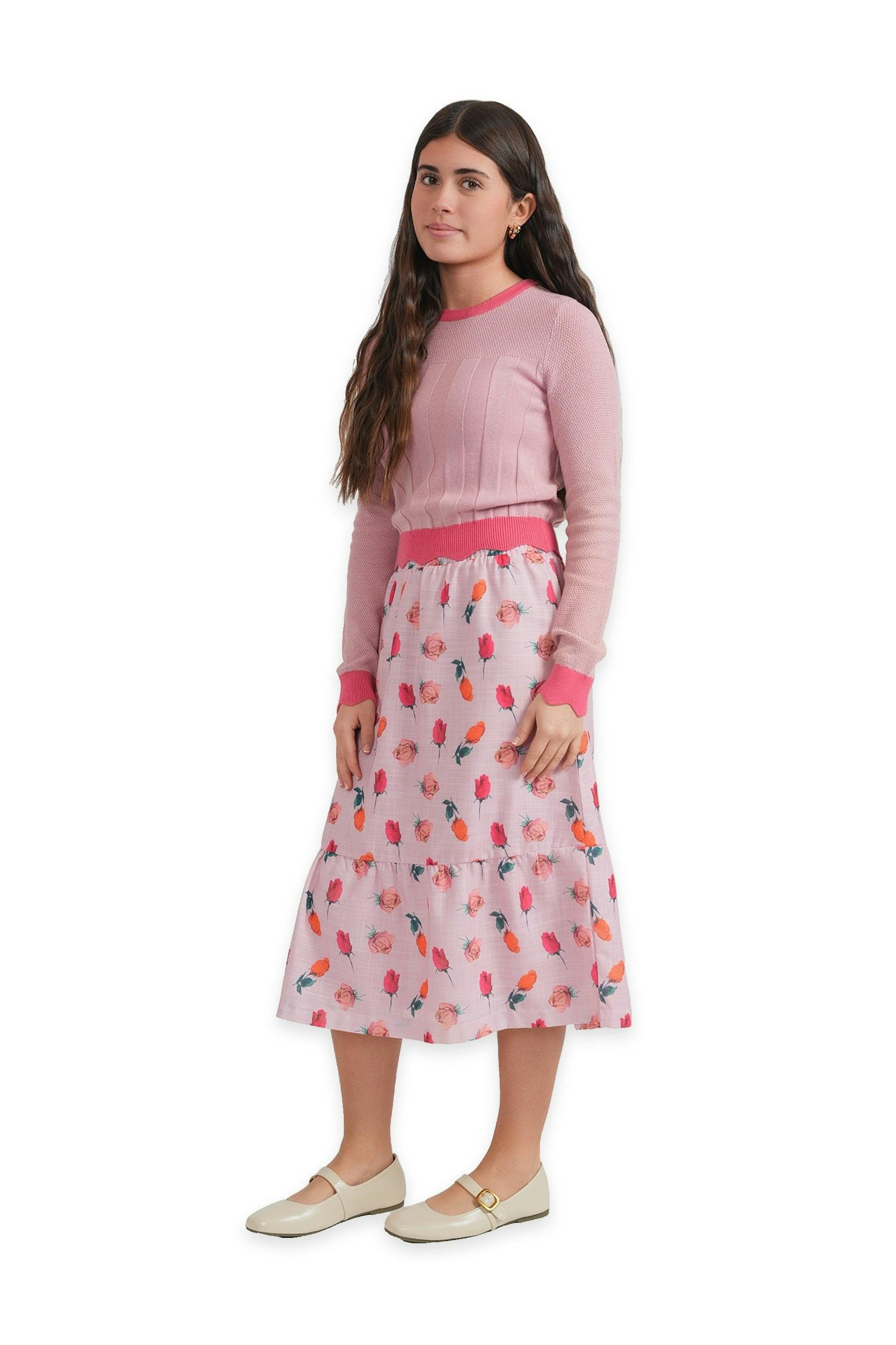 Floral Skirt and Long Sleeve Knit Top Set