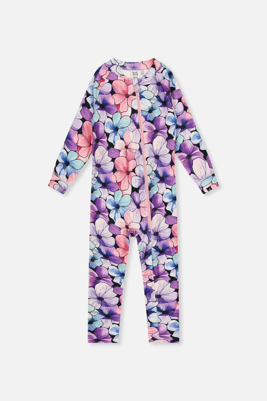 One Piece Thermal Underwear Purple Floral Print