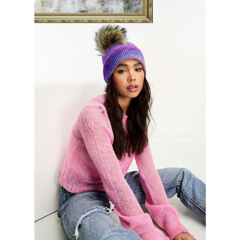 Ombre Knit Hat With A Genuine Fur Pom (TikTok)