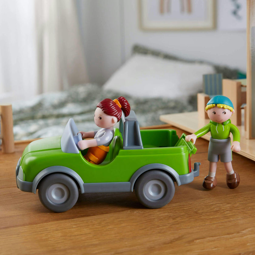 Little Friends Out and About Playset with 2 Toy Figures and Green Momentum Motor Vehicle