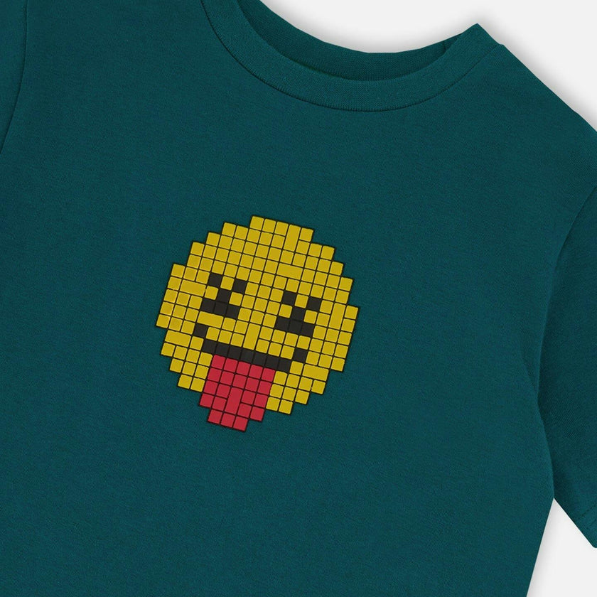Organic Cotton Jersey T-Shirt With Print Dark Turquoise
