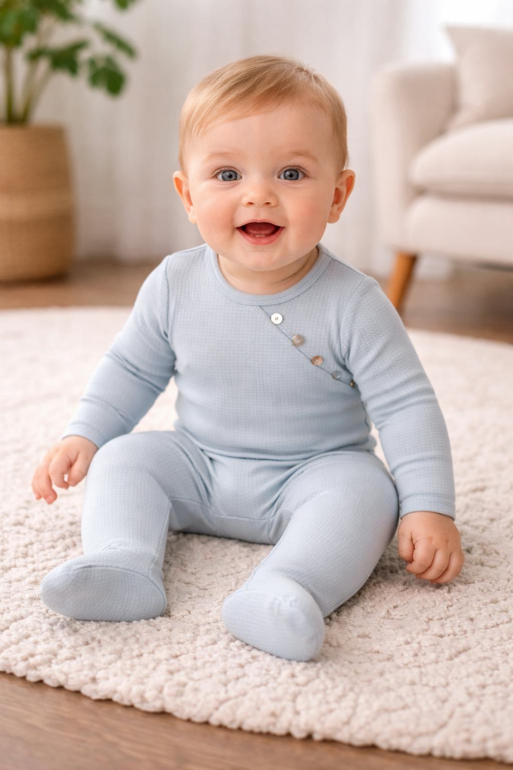 Boys Quilted Waffle Round Neck Long Sleeve Cross Buttoned Footie