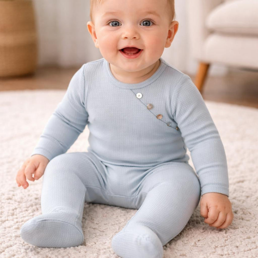 Boys Quilted Waffle Round Neck Long Sleeve Cross Buttoned Footie