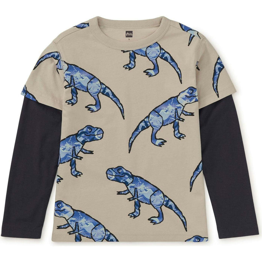 Original Print Crew Neck Layered Long Sleeve T-Shirt, Multi