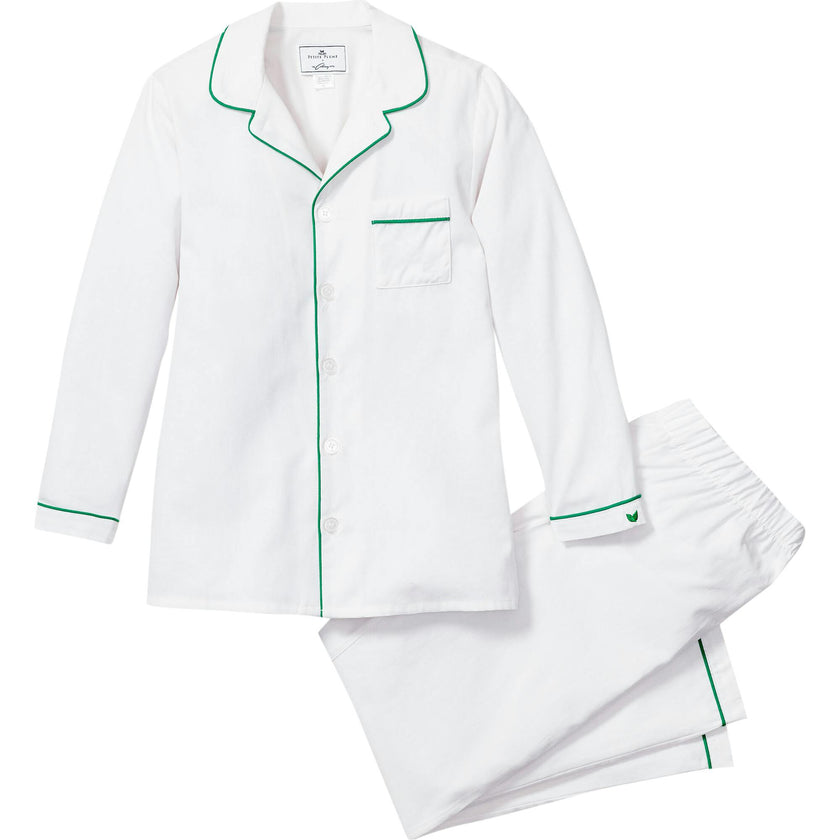 Kid's Twill Pajama Set in White with Green Piping