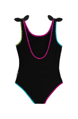 Kaya Crinkle Bow Tie One Piece - Embroidered Trim Black