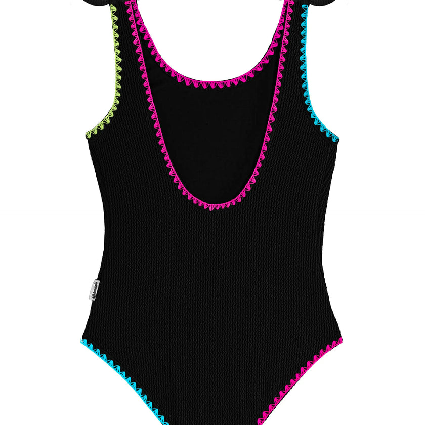 Kaya Crinkle Bow Tie One Piece - Embroidered Trim Black