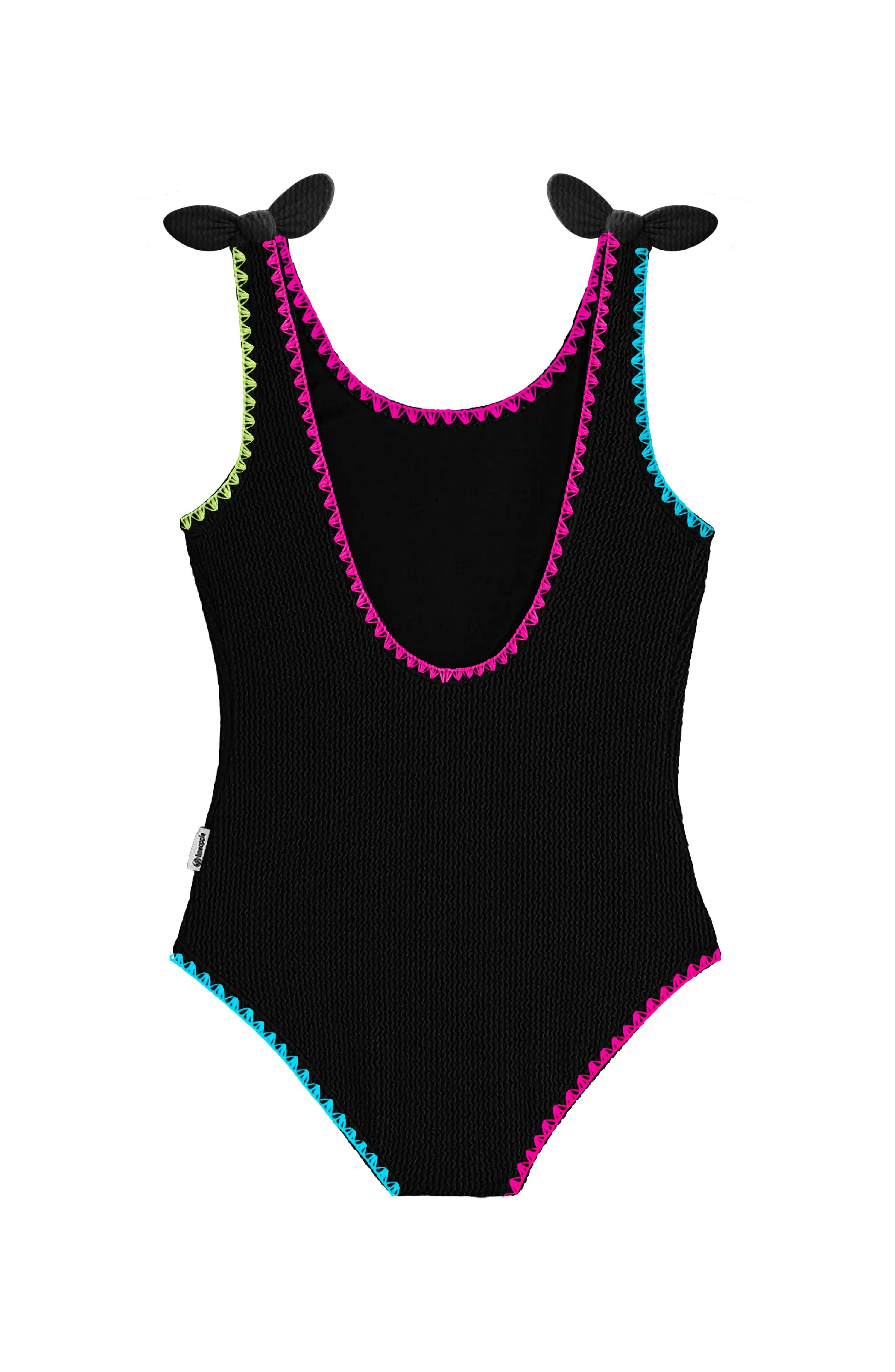 Kaya Crinkle Bow Tie One Piece - Embroidered Trim Black