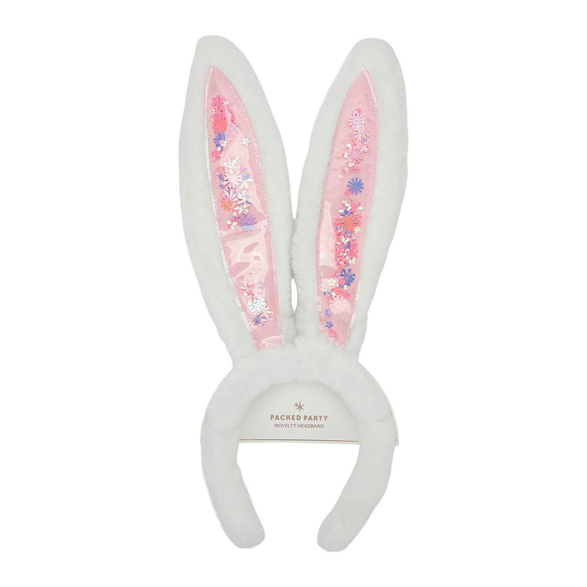Packed Party Too Cute to Hop Plush Bunny Ears Headband - Trapped Pastel Confetti Interior with Fuzzy White Trim for Easter Parties and Spring Celebrations