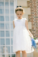 Cordelia White Linen Dress with Blue Tulle Embroidery