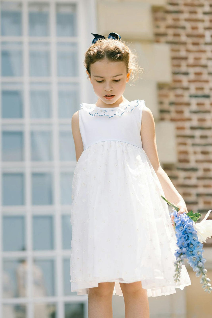 Cordelia White Linen Dress with Blue Tulle Embroidery