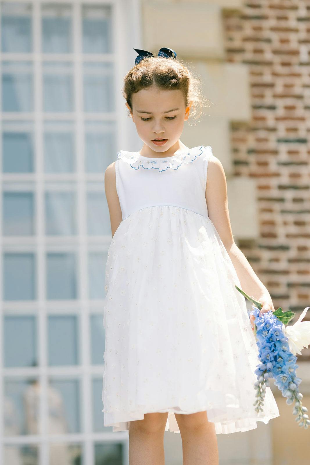 Cordelia White Linen Dress with Blue Tulle Embroidery