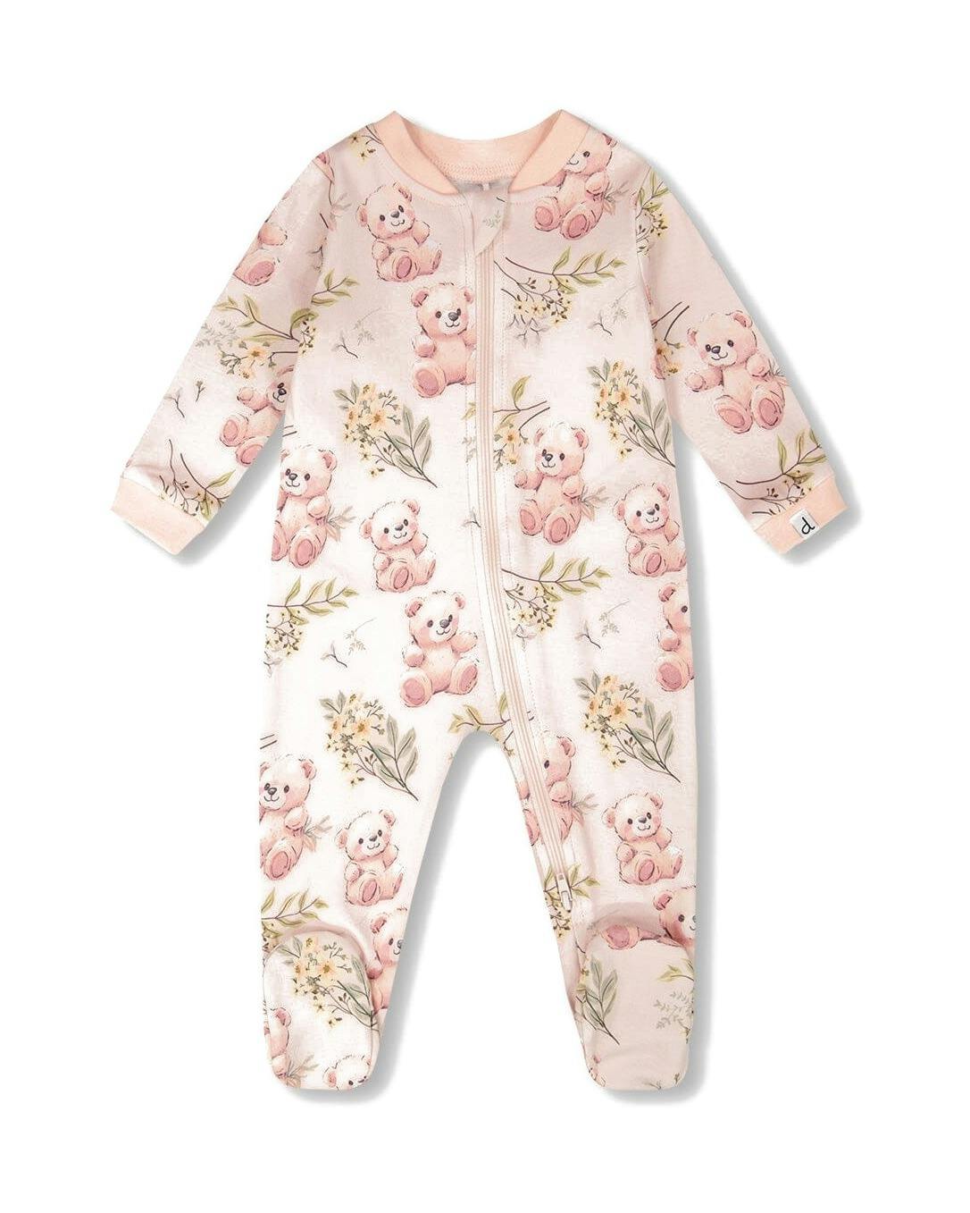Organic Cotton Baby One-Piece Pyjama Pale Pink Bear Print