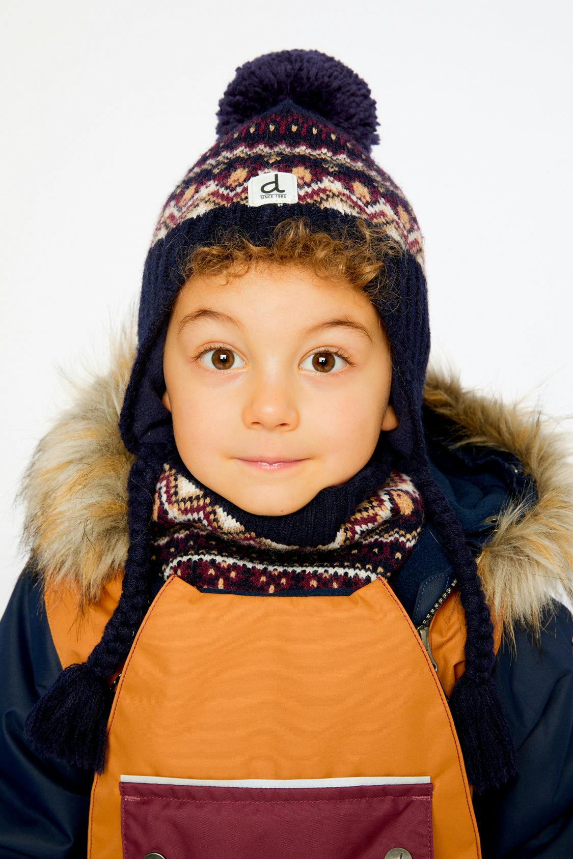 Winter Peruvian Knit Hat with Pompom Blue and Red Jacquard