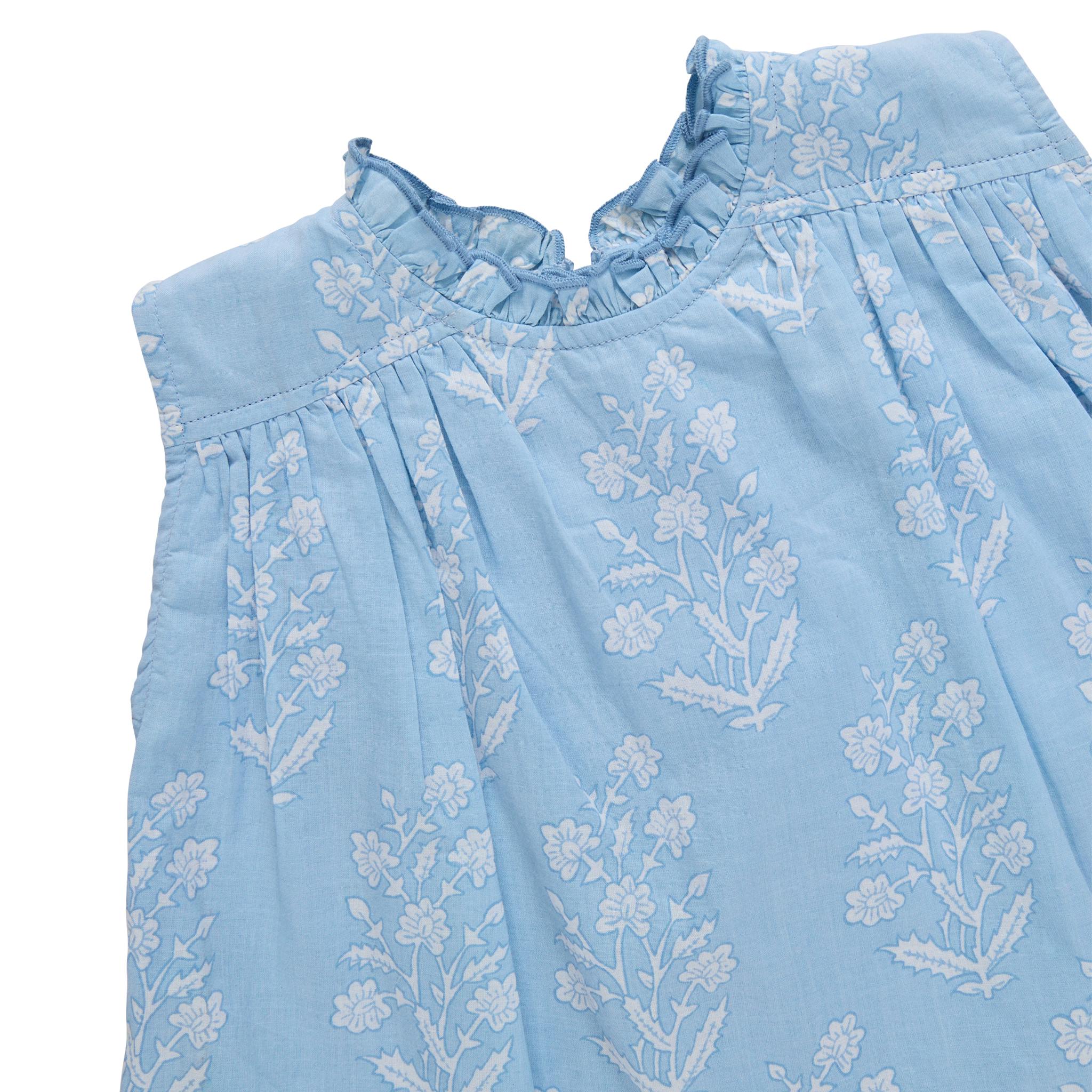 Girls Misha Top - Blue Dewdrop Block Print