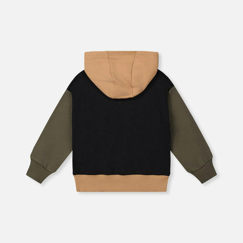 Hooded Colorblock Fleece Cardigan Black, Green and Beige