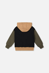 Hooded Colorblock Fleece Cardigan Black, Green and Beige