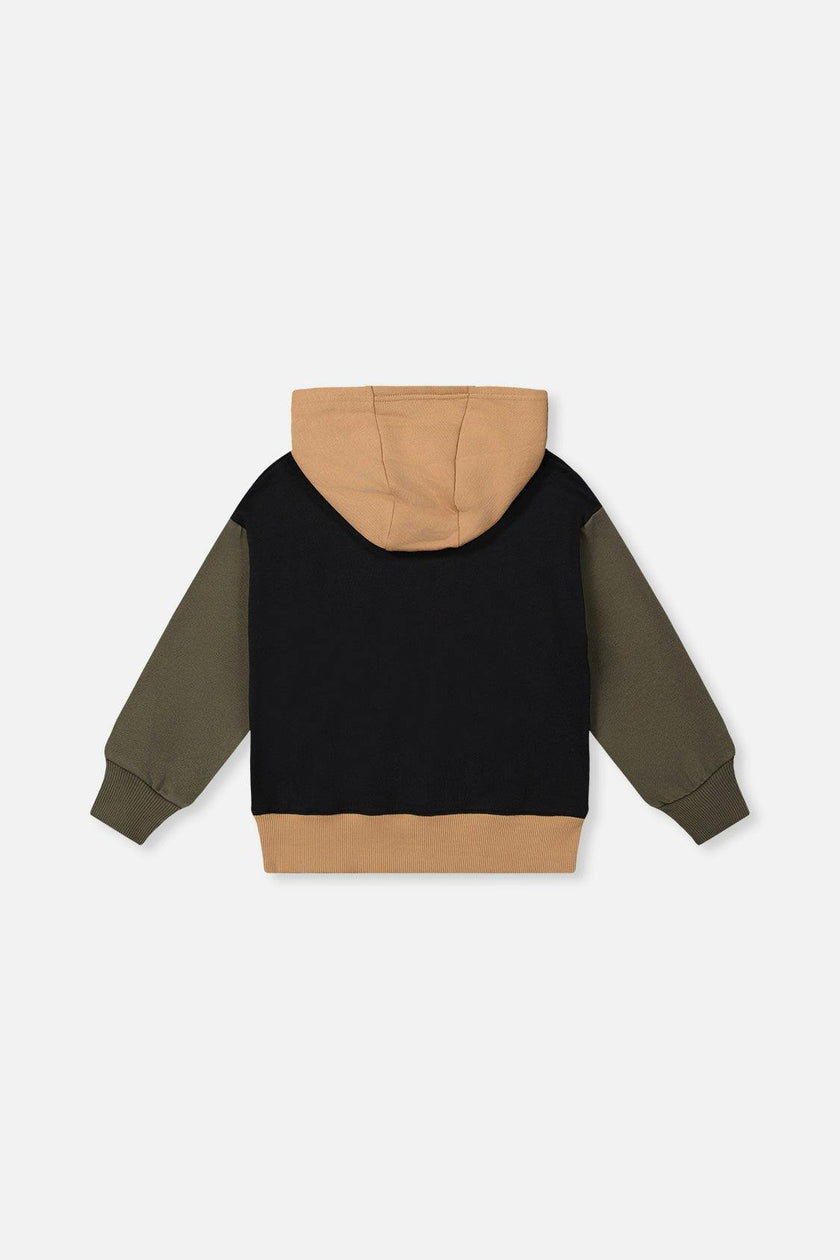 Hooded Colorblock Fleece Cardigan Black, Green and Beige