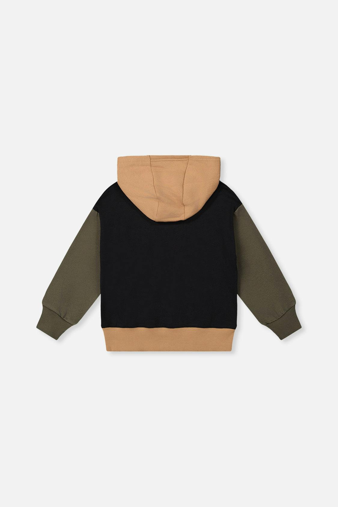 Hooded Colorblock Fleece Cardigan Black, Green and Beige
