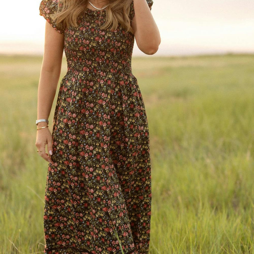 Annalise Dress in Obsidian Vintage Poppies