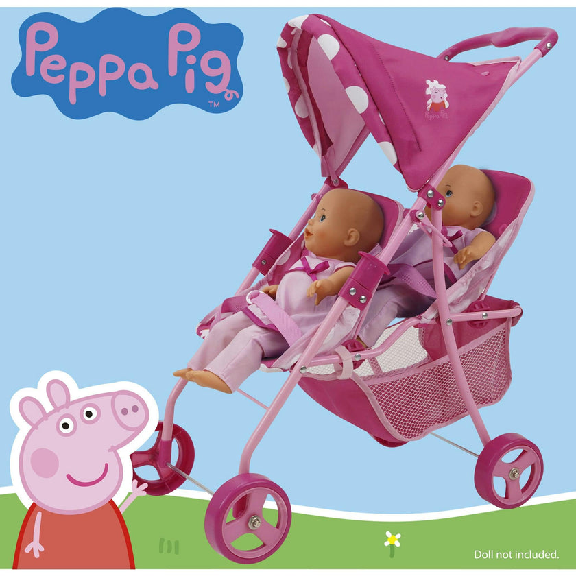 Peppa Doll Twin Stroller - Pink & White Dots