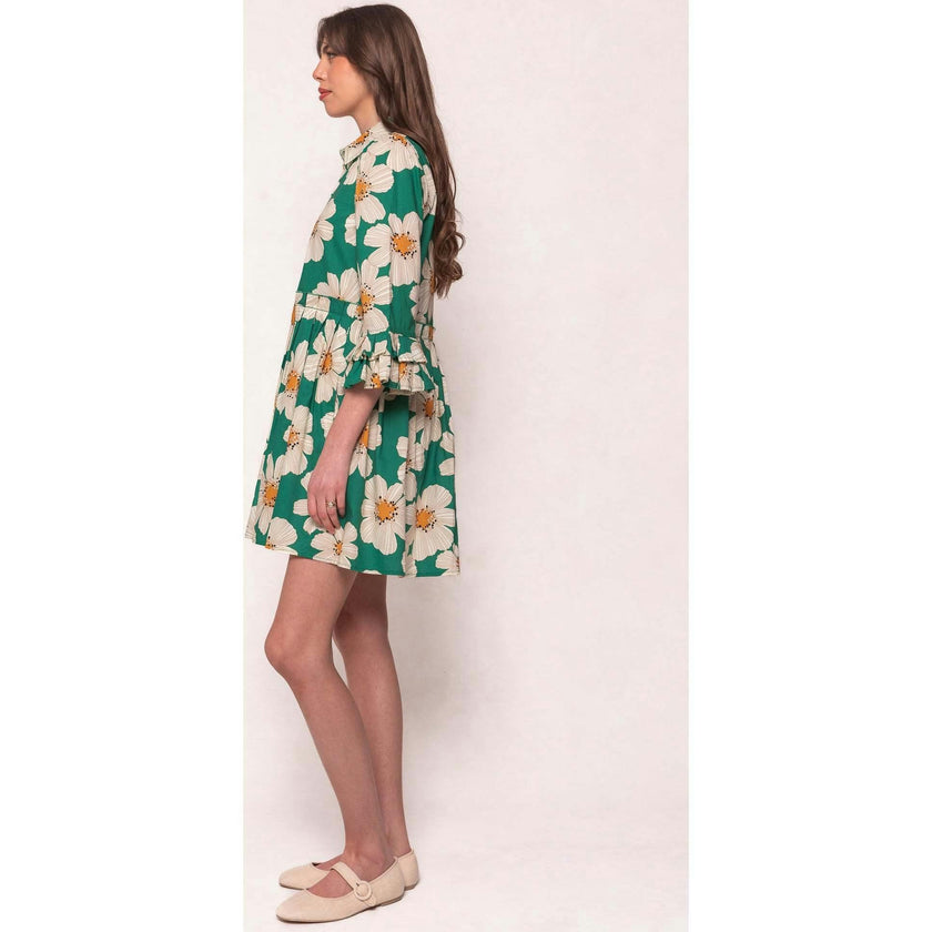 Bowie Dress in Green with White Floral