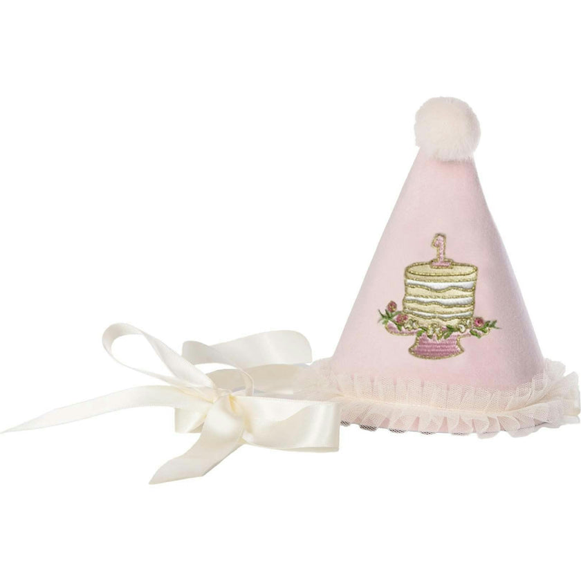 ONE Party Hat with Birthday Cake Embroidery - Pink