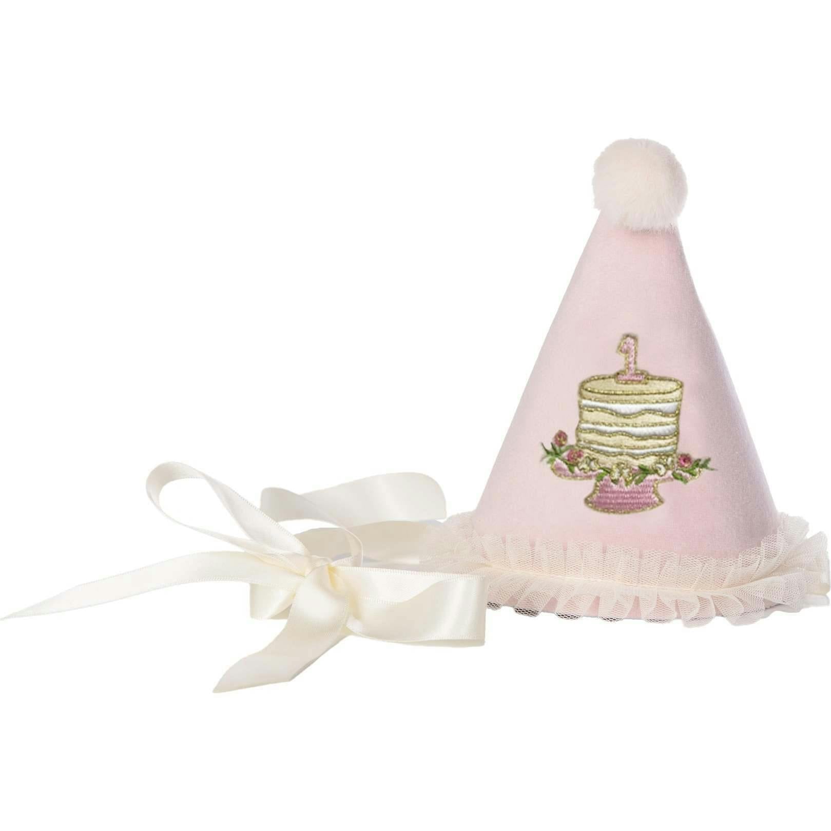 ONE Party Hat with Birthday Cake Embroidery - Pink