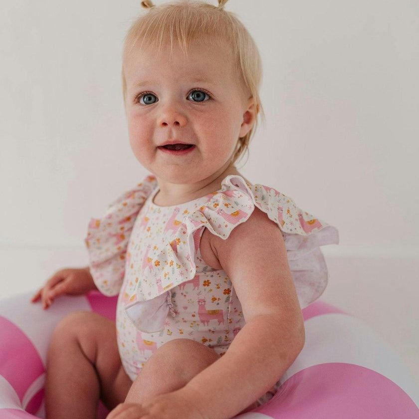 Baby Girl Ruffle Sleeve Cross Back Swimsuit in Sketched Daisy