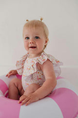 Baby Girl Ruffle Sleeve Cross Back Swimsuit in Sketched Daisy
