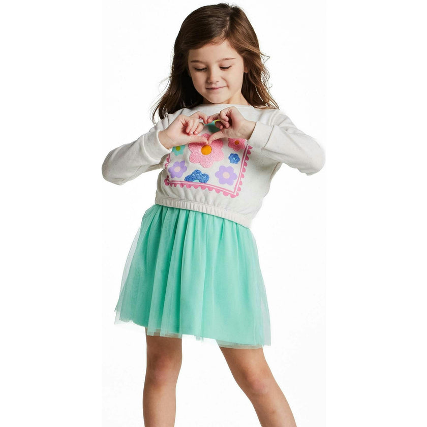 Girls Chenille Floral Sweatshirt & Tulle Tank Dress Set | Aqua