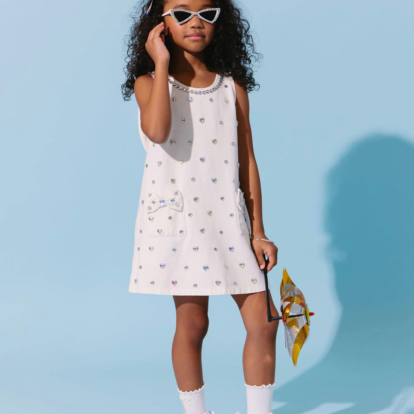 White Crystal Heart Denim Bow Dress