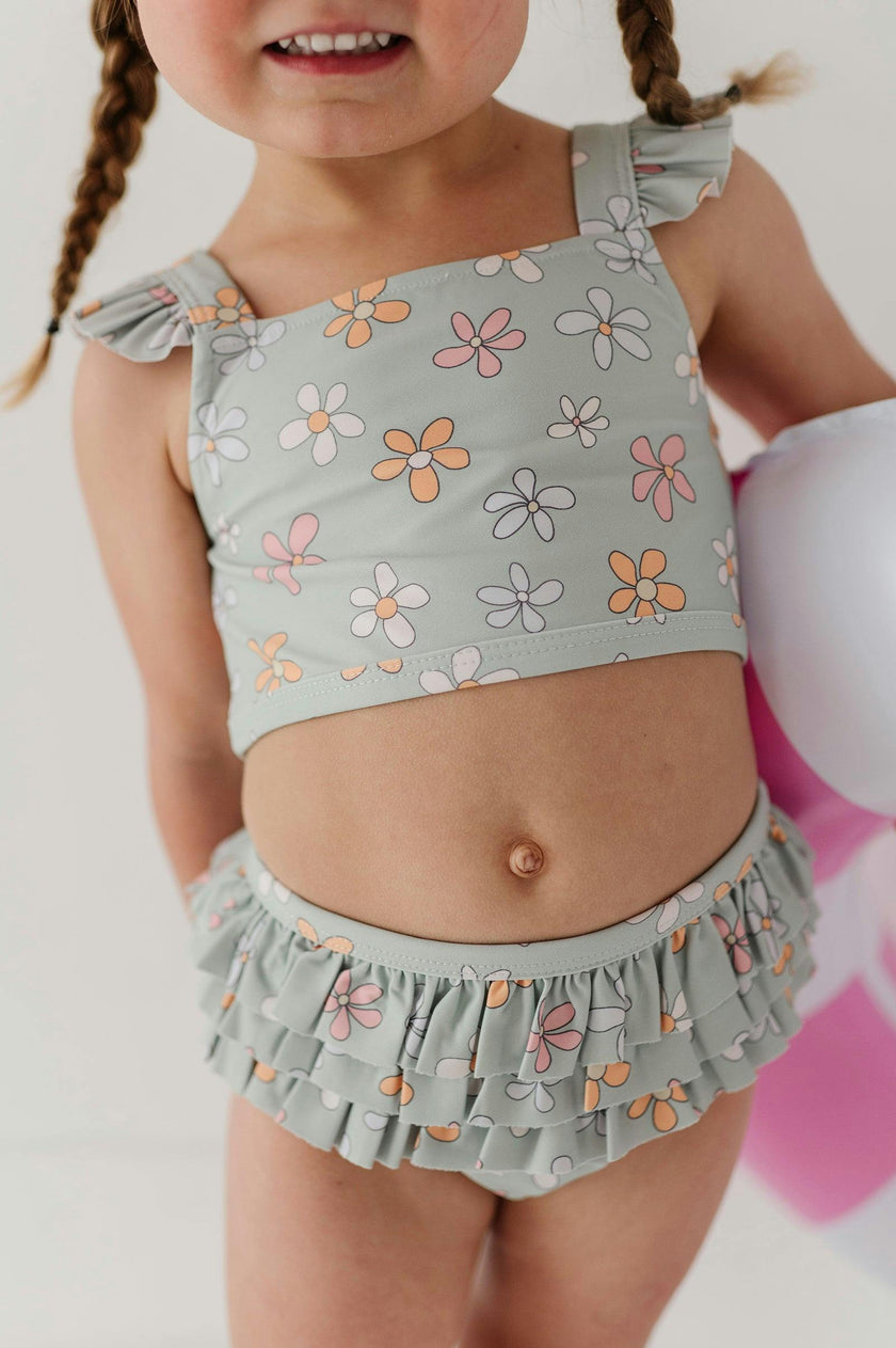 Girls Two-Piece Ruffle Swimsuit in Sketched Daisy