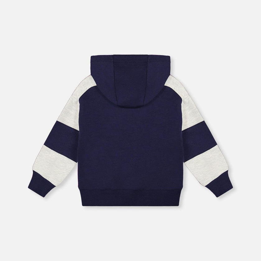 Hooded Striped Fleece Cardigan Dark Blue and Beige